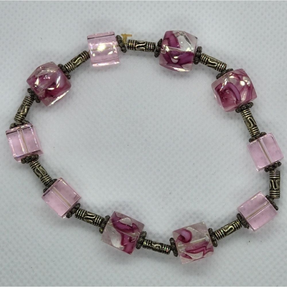 🔺️Pink & Antique Silver Beaded Stretchy Bracelet